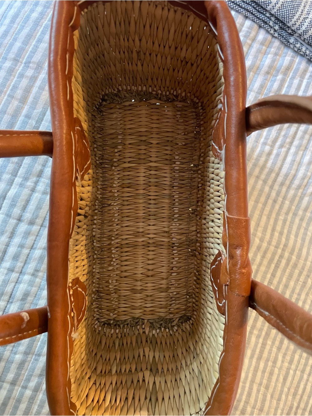 Woven Straw Tote Bag with Brown Leather Trim - Picture 3 of 4